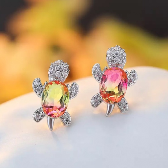 Rainbow Zircon Stone Pink Yellow Turtle Silver Earrings - Picture 1 of 4